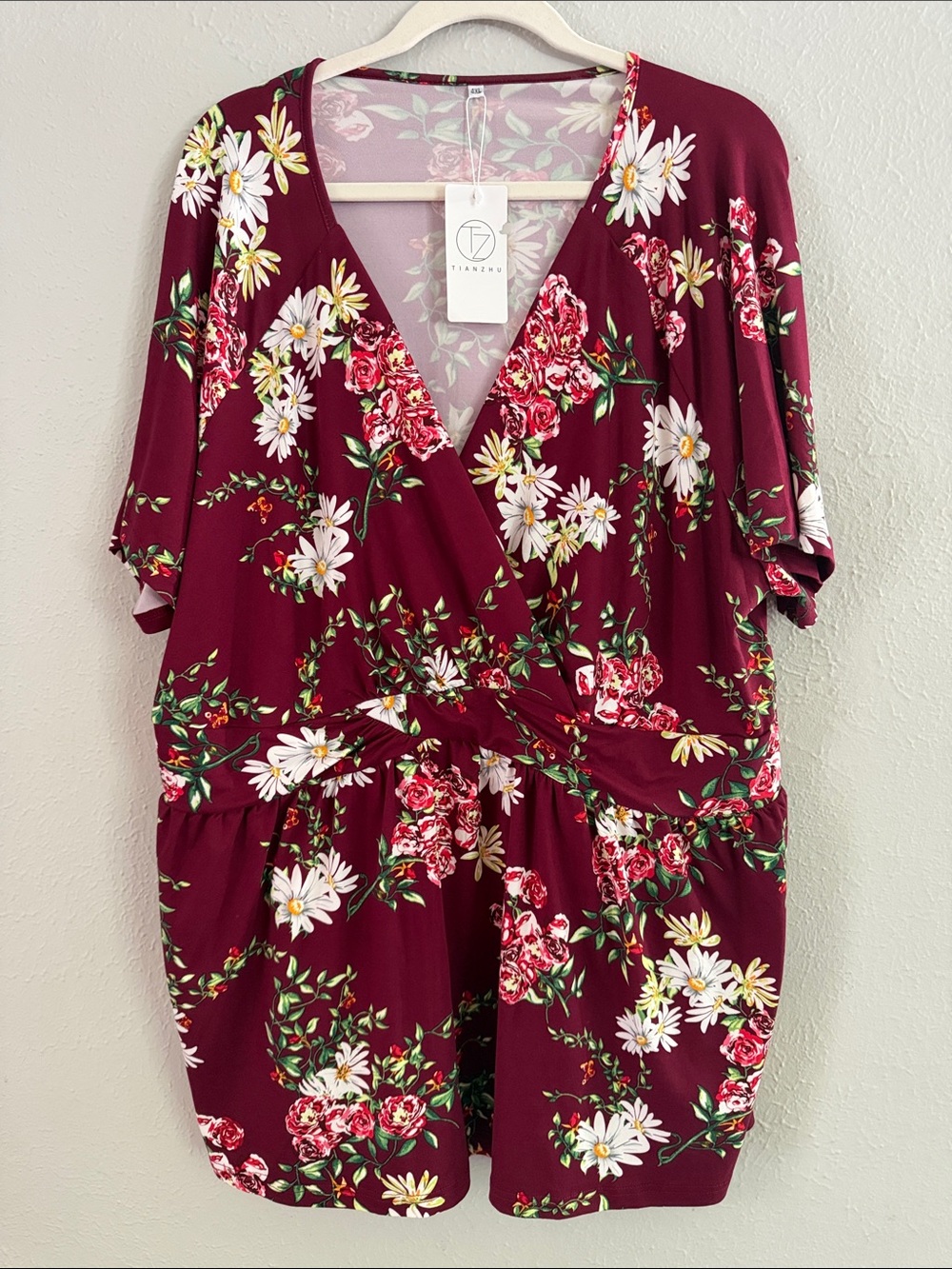 Women's Maroon Floral Wrap-Style Tunic
